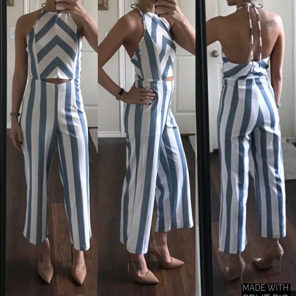 Pants - Blue and white striped cutout halter jumpsuit